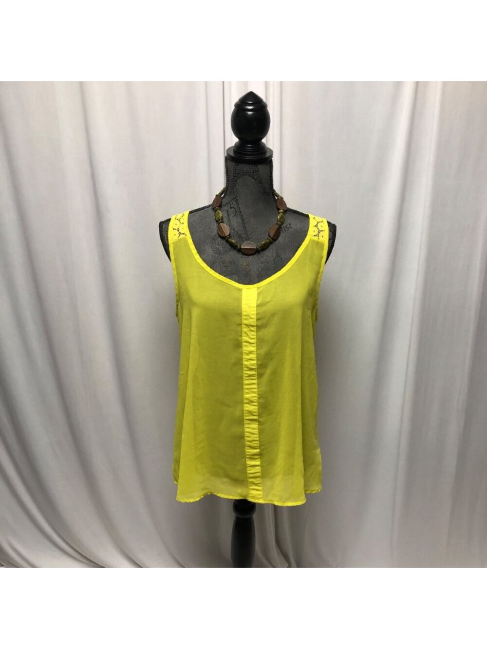 Caramela Top Womens Size Large Yellow Sleeveless Sheer Blouse Lace Detailing